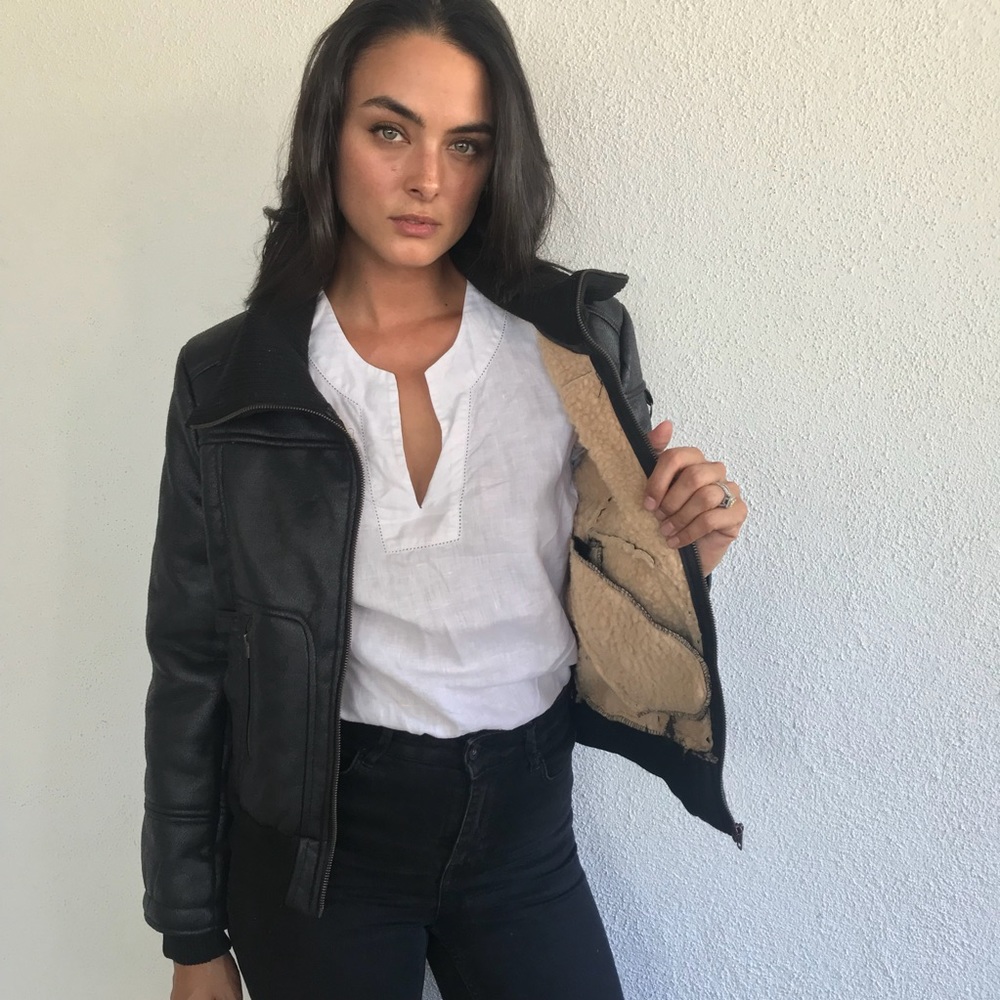 Vintage faux leather and shearling bomber jacket